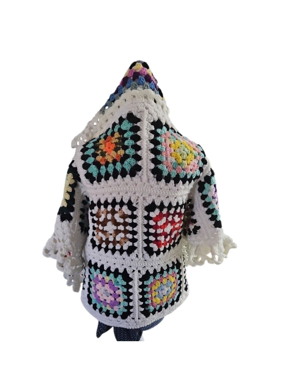 Hand Crafted Crochet Granny Square Cardigan open front Hooded Colorfull Sweater - Picture 7 of 17